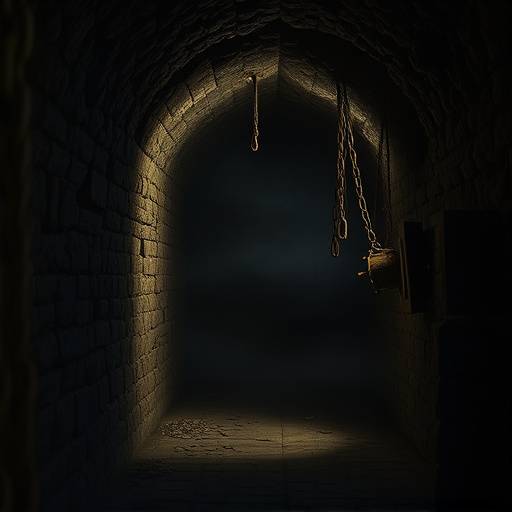 Imagen de una mazmorra antigua con muros de piedra, poca luz y cadenas colgando del techo.
